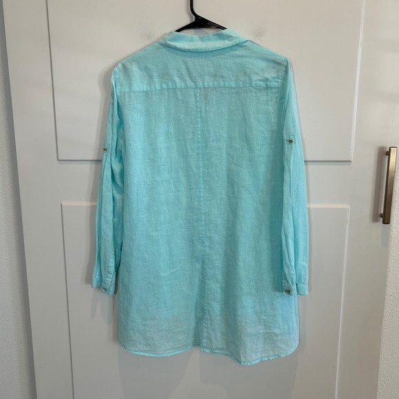 CHAUS New York Women Turquoise Linen Cotton Blend Tunic Shirt Size M - Picture 4 of 8